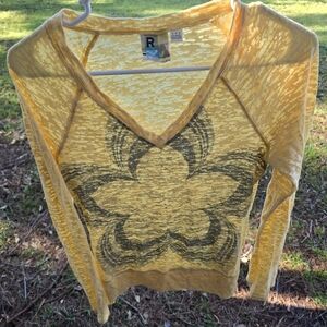 Roxy Yellow Sheer Long Sleeve Top with Floral Design Large